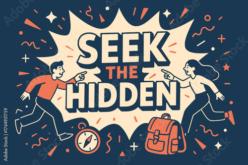 Seek the Banner. Seek the hidden banner, flat vector illustration, bold oversized text inside splash explosion, cartoon characters running and pointing,