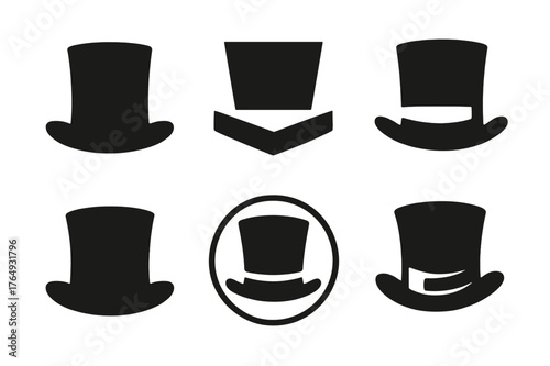 Wallpaper Mural Stylized Hat Logos. Hats and Fedoras. Set Logo of Top Hat: Filled silhouette, Abstract geometric, Negative space, Flat solid, Symmetrical form, Stylized Torontodigital.ca