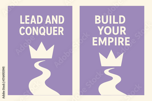 Lead and Conquer Banners. Lead and conquer. Two vertical A6 banners with safe margins, centered composition, no elements touching edges, minimal, lavender and