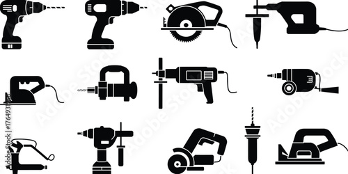 Silhouette icons of power tools, construction equipment, electric drill, circular saw, angle grinder, belt sander, jigsaw, spray gun, hardware tools