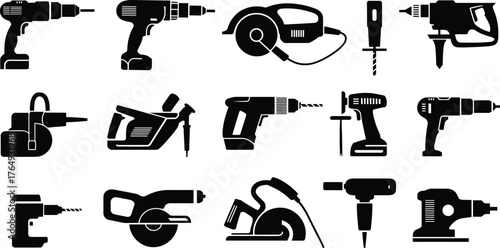 Silhouettes of power tools, drill, saw, jigsaw, construction equipment, electric tools, black icons, white background, industrial, DIY, hardware