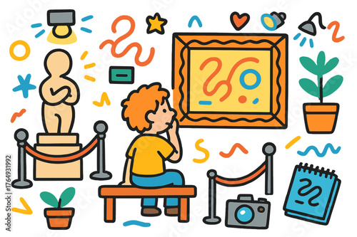 Children Admiring Art. admiring art. Colorful Hand-drawn doodle Children illustration admiring art person, visitor, sculpture, painting, frame, pedestal,