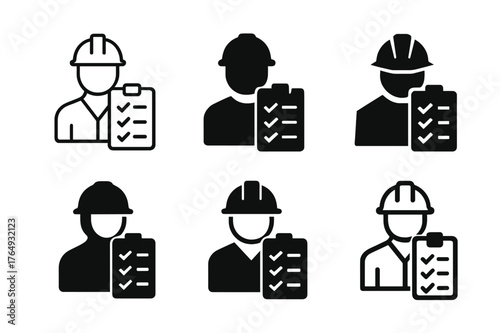 Construction Logo Variations. Construction managers overseeing projects. Set Logo of Construction managers overseeing projects: hard hat with clipboard