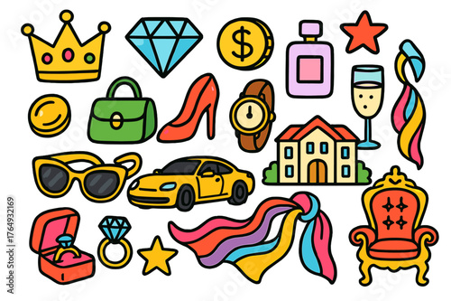 Luxurious Doodle Icons. luxurious lifestyle. Colorful Hand-drawn doodle Children illustration luxurious lifestyle crown, diamond, gold coin, designer bag, high