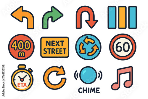 Colorful Navigation Doodles. Turn-by-turn navigation. Colorful Hand-drawn doodle Children illustration Turn-by-turn navigation left turn arrow, right turn