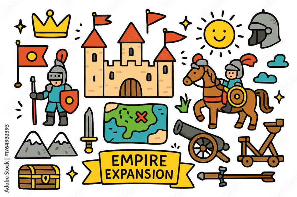Naklejka premium Empire Expansion Doodle. empire expansion. Colorful Hand-drawn doodle Children illustration empire expansion castle, crown, flag, map, soldiers, sword, shield,