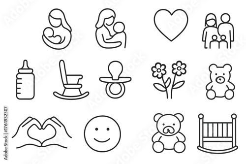 Maternal Bond Icons. Maternal bond. Line icon set of maternal bond: mother holding baby, hug, heart, family, baby bottle, rocking chair, pacifier, flowers,