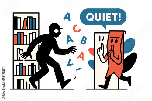 Library Hideout Scene. Library Hideout. A seeker?s silhouette moves along tidy stacks while a bookmark flag whispers ?quiet!?. Floating letters scatter like