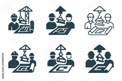 Construction Manager Logos. Construction managers overseeing projects. Set Logo of Construction managers overseeing projects: crane lifting beam over