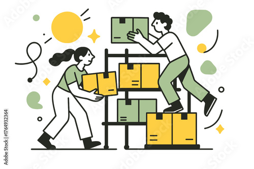 Organized Supplies with Geometry. Restocking Supplies. Stack of supply boxes being organized on shelves with floating abstract geometric shapes and light