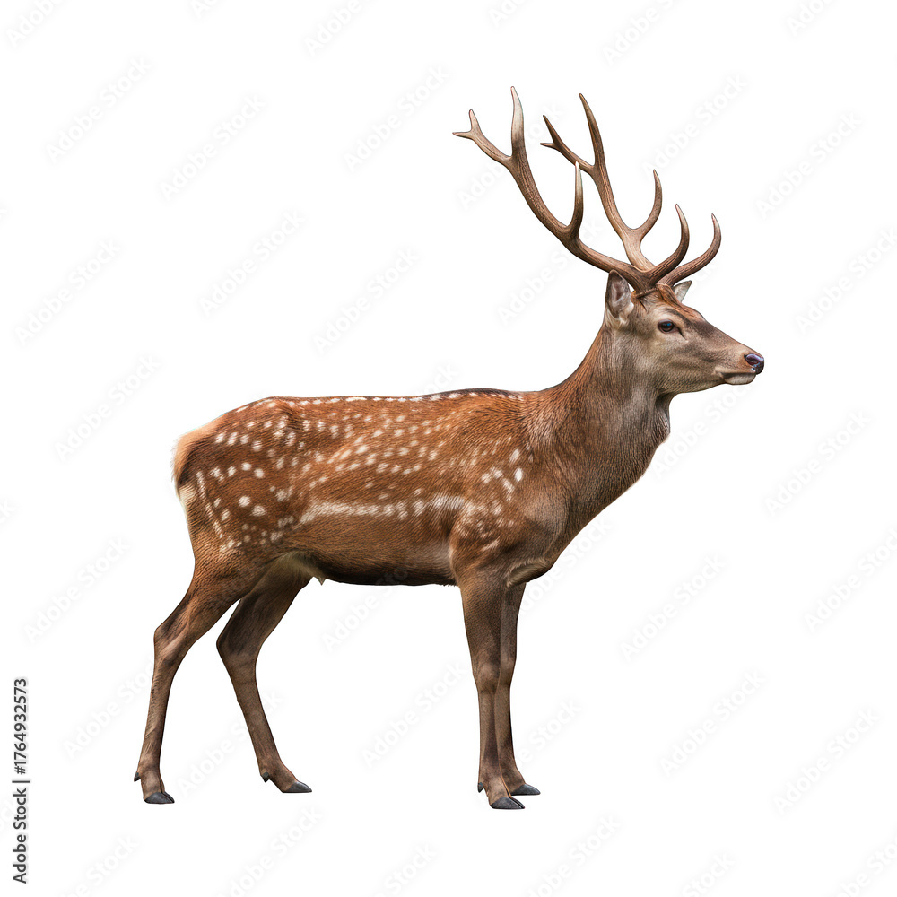 Fototapeta premium Majestic brown deer with impressive antlers stands in profile, isolated on black