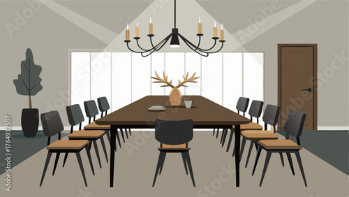 A dining room featuring a long wooden farmhouse table and modern black chairs adorned with a statement chandelier made from antlers.