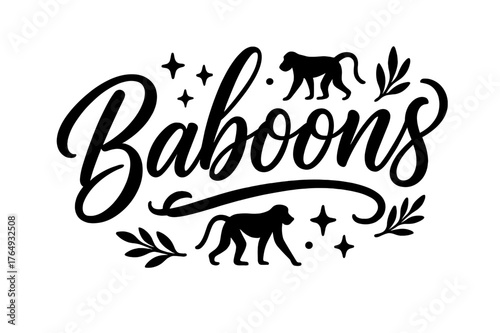 Baboons Hand-Lettering Art. Script Hand-Lettering ? "Baboons" in flowing brush script, semi-cursive with fluid strokes, slight upward tilt to convey movement
