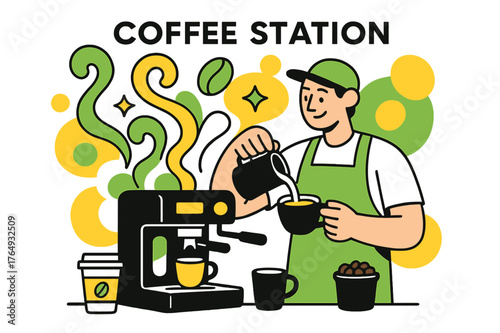 Geometric Coffee Artistry. Coffee Station. Barista preparing coffee with floating abstract geometric steam shapes and coffee icons, warm and lively atmosphere.