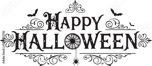Ornate Happy Halloween Lettering with Spooky Decorations