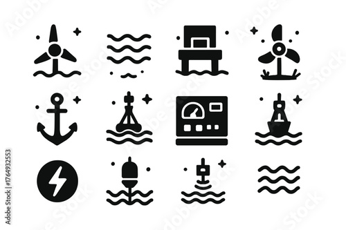 Offshore Energy Icons. Offshore Energy. Solid icons set of Offshore Energy: tidal turbine, waves, generator, underwater platform, propeller, anchor, buoy,