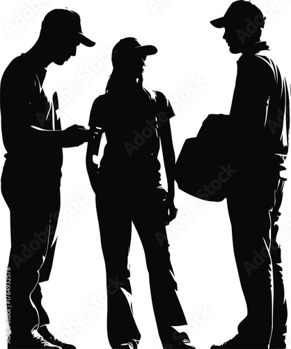 Silhouette of workers outdoors, teamwork concept, construction crew, casual clothing, labor force, industrial job, field work, occupational scene, collaboration, caps