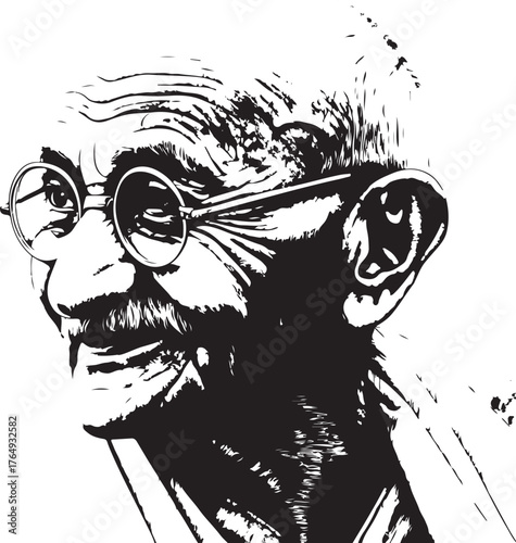 Mahatma Gandhi vector portrait illustration. Black and white graphic.