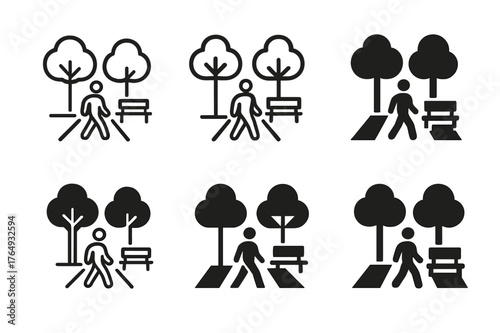 Urban Sustainability Logos. Urban sustainability. Set Logo of Urban sustainability: pedestrian boulevard with trees and bench. Icon set. harmonious logo