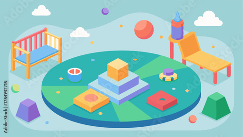 A childrens play area with soft mats toys and a mini table for activities.