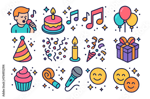 Birthday Celebration Icons. Birthday fun. Colorful isometric vector icons set of birthday fun: singing person, birthday cake, music notes, balloons, party hat,