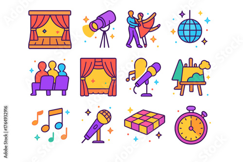 Dance Recital Icons. Dance recital. Colorful isometric vector icons set of dance recital: stage, spotlight, dancers, audience, curtains, disco ball, music