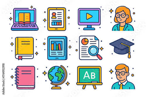 Digital Learning Icons. Digital learning. Colorful isometric vector icons set of digital learning: laptop, tablet, online course, video lecture, textbook,