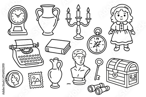 Antique Collectibles Icons. Antique collectibles. Hand-drawn doodle illustration antique collectibles clock, vase, candlestick, porcelain doll, typewriter,