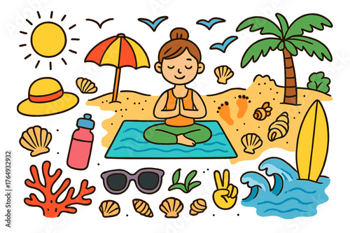 Beach Yoga Doodles. Beach yoga. Colorful Hand-drawn doodle Children illustration Beach yoga yoga mat on sand, seashells, waves, palm tree, sun hat, water