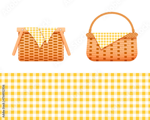 Empty wicker baskets with napkins and yellow checkered vichy texture. Handmade woven willow hampers for Thanksgivingving picnic isolated on white background. Vector cartoon illustration.