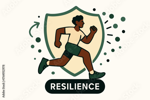 Resilient Runner Shield. Exercise ? Immune Strength. Abstract shield forms around a runner; tiny dots bounce away symbolizing defense. Label ?resilience? glows