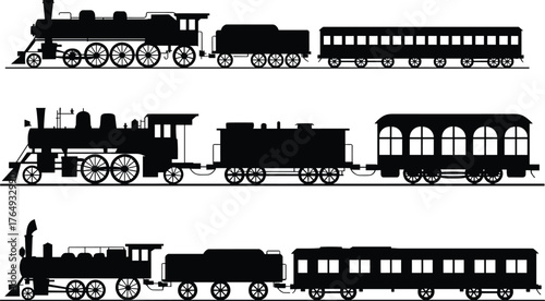 Vintage steam train silhouettes, historical locomotives, classic railway transport, retro passenger cars, old-fashioned travel, antique trains, transportation history, black illustration