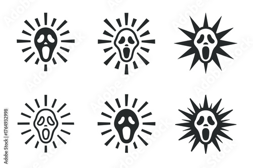 Jump Scare Logos. Jump scare. Set Logo of Jump scare: burst lines behind face. harmonious logo variations of the same emblematic concept, each with different