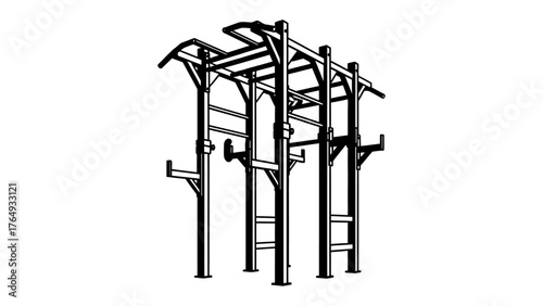 Structural Strength: A monochrome perspective showcases the robust architecture of a workout rig designed for intense training sessions, with its intricate arrangement of bars and supports