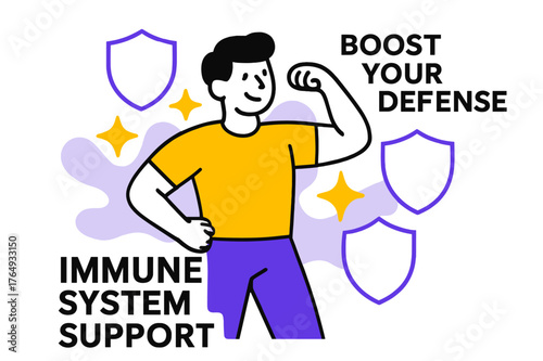 Vital Defense Boost. Immune System Support. A figure surrounded by shield shapes flexes lightly; small spark icons radiate ?Vitality.? ?Boost Your Defense?