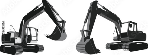 Excavator, construction equipment, heavy machinery, industrial vehicle, digger, grayscale illustration, mechanical arm, bucket, crawler tracks, engineering, site work