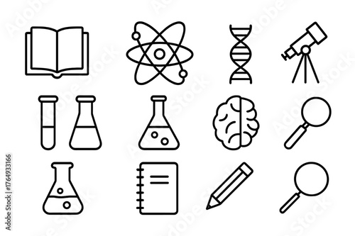 Science Book Icons. Reading a science book. Line icon set of reading a science book: open book, microscope, atom, DNA strand, test tube, beaker, telescope,