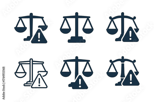 Legal Risk Logos. Legal liability risk. Set Logo of Legal liability risk: scales tipping with exclamation. harmonious logo variations of the same emblematic