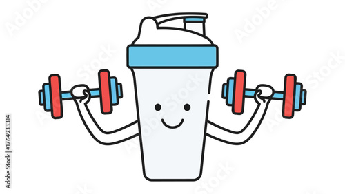 Fitness Pal: A cheerful cartoon shake, proudly lifting two dumbbells, embodies the essence of a healthy lifestyle and the importance of fitness.