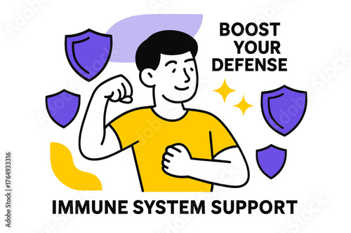 Vital Defense Boost. Immune System Support. A figure surrounded by shield shapes flexes lightly; small spark icons radiate ?Vitality.? ?Boost Your Defense?