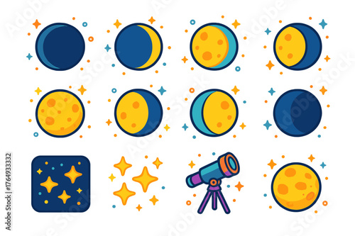Colorful Moon Phases Icons. Phases of the moon. Colorful isometric vector icons set of phases of the moon: new moon, waxing crescent, first quarter, waxing