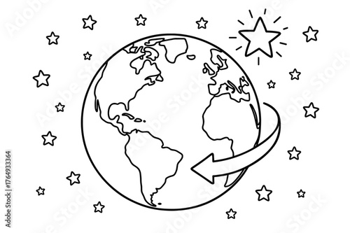 Earth Rotation Coloring Page. Stars and Earth?s rotation children?s coloring book illustration, outlined drawing, a globe showing a curved arrow of rotation