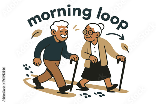 Elderly Morning Stroll. Elderly ? Neighborhood Walk. Two seniors stroll with canes along a clean path; tiny footprints and leaf icons trail behind. Caption