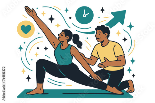 Dynamic Yoga Coaching. Fitness training and personal coaching. Client performing yoga under guidance of coach with abstract floating icons, motion lines, and
