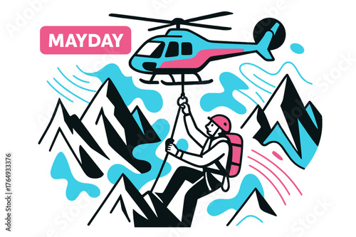 Mountaintop Rescue Mission. High-Altitude Ridge Pickup. Thin air, sharp peaks; the helicopter noses in while a climber clips into the hoist. A minimalist