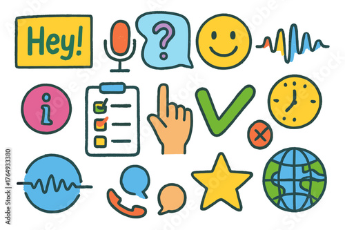 Voice Command Doodles. Voice command prompts. Colorful Hand-drawn doodle Children illustration Voice command prompts wake word card, mic button, voice bubble,