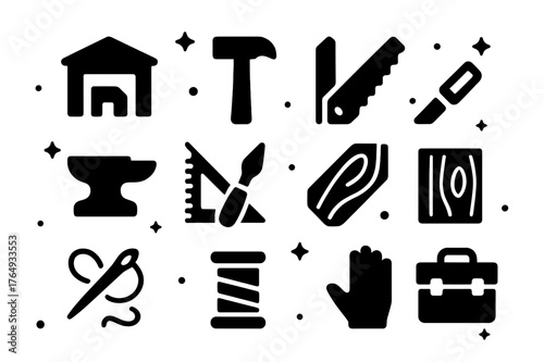 Artisan Tools Icons. Artisan Workshop. Solid icons set of Artisan Workshop: workshop, hammer, chisel, saw, anvil, ruler, paintbrush, wood plank, sewing needle,