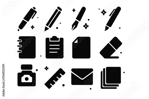 Writing Tools Icons. Writing Tools. Solid icons set of Writing Tools: pen, pencil, fountain pen, marker, notebook, clipboard, paper, eraser, ink bottle, ruler,