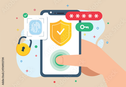 Flat illustration of hand using biometric authentication with fingerprint scanner shield and padlock