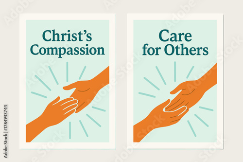 Christ's Compassion Banners. Compassion. Two vertical A6 banners with safe margins, centered composition, no elements touching edges, minimal, turquoise and